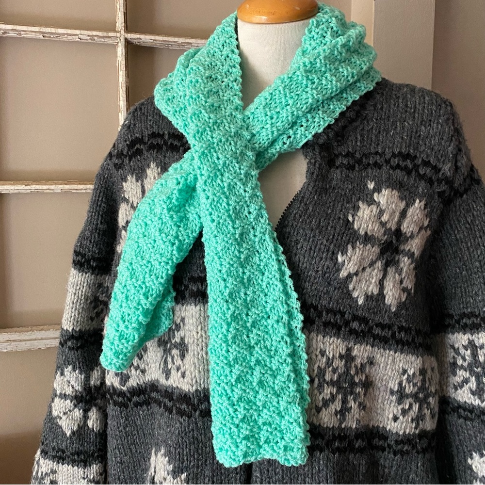 Mint green hand knit scarf